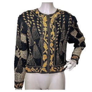 Vintage 80s 100% Silk Black & Gold Fully Beaded Party Cocktail Jacket Tassels